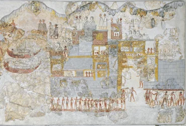 Miniature fresco depicting a naval fleet leaving dock, from the west house of Thera or Santorini, Greece