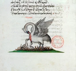 A Pelican Piercing its Breast to Feed its Young, from a Bestiary by Manuel Philes, 1566