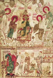 The Byzantine Doctor Myrepsos receiving the patients, from a Greek manuscript