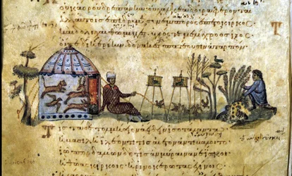 The Hunting of Birds at the Call. Greek Manuscript by Oppianus De Venatione