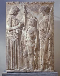 Marble Bas-Relief Depicting Triad of Eleusinian Mysteries with Persephone, Demeter and Triptolemus