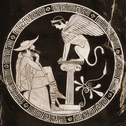 Oedipus answering questions of the sphinx in Thebes