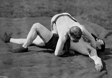 A good fall, wrestling display, Aldershot, Hampshire, 1896