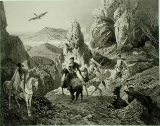 A Falcon Hunt near Yerevan, Armenia, plate 20 from a book on the Caucasus, engraved by Eugene Ciceri (1813-90) and Adolphe Jean-Baptiste Bayot (1810-66), published by Alfred Leon Lemercier, Paris