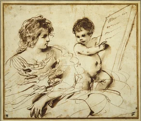A seated Sibyl accompanied by a putto holding up a large inscribed tablet