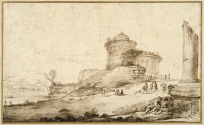 Landscape with a broken column, a castle and numerous figures in the foreground at the right