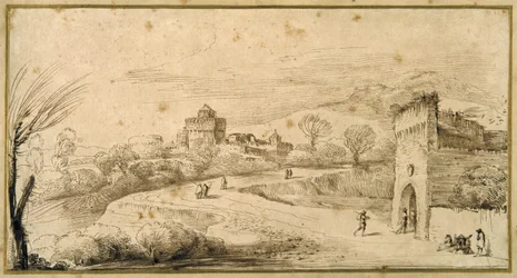 Landscape with a crenellated gatehouse and a winding road