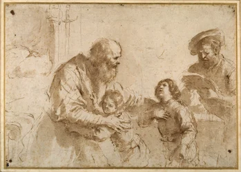 Two boys comforted by a bearded elder, while another bearded, middle-aged man reads a book