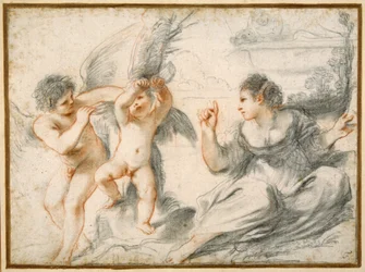Venus scolding Cupid, while an older cupid binds him to a tree