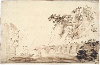 Landscape with a River Crossed by a Bridge, Lined with Spectators, Leading to a Building with an Overhanging Loggia with a Party of Onlookers