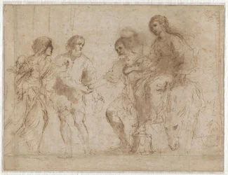 Meeting of Mary and Joseph before the house of Elizabeth and Zacharias (recto), Mary and Elizabeth at the foot of a staircase (verso)