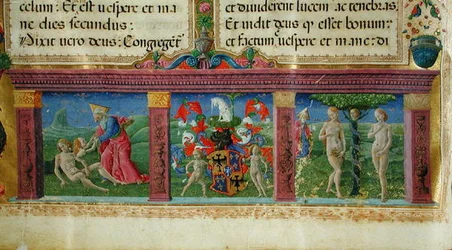 The Creation and Temptation of Adam and Eve with the coat of arms of the House of Este, from the Bible des Chartreux
