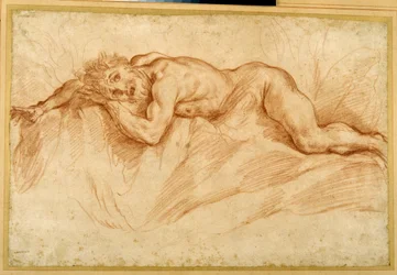 A terrified nude man, prone on rocky ground