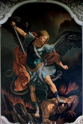 The Archangel Saint Michael vanquishing the Dragon. Painting by V. M. De Girolamo (20th century) after Guido Reni. 1957