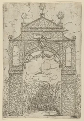 Triumphal arch covered in foliage with mounted troops below, a temporary decoration for the event