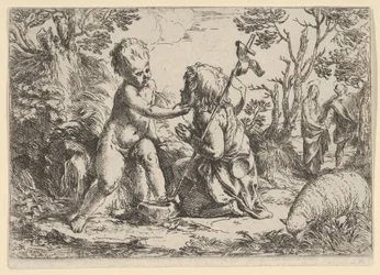 Young Saint John the Baptist kneeling before the infant Christ who caresses his face