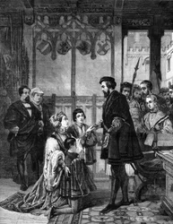 Philippa Welseren implores the forgiveness of Ferdinand I of Habsburg, Emperor of Germany for his morganatic marriage to his son Archduke Ferdinand Count of Tyrol. Prague 1558. From a painting by Gui