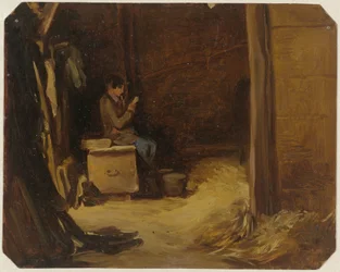 Boy Reading Letters in a Stable
