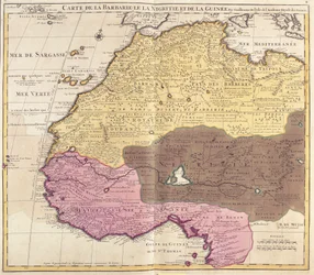 Map of Barbaria (Morocco, Algeria, Tunisia, Libya), Nigritude (Mali, Burkina Faso, Niger) and Guinee (Senegal, Guinea, Sierra Leone, Liberia, Ivory Coast, Ghana, Togo, Benin, Nigeria)