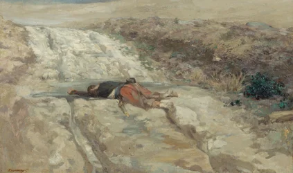 Scene of the 1870 war: dead soldier on a battlefield, ca. 1870