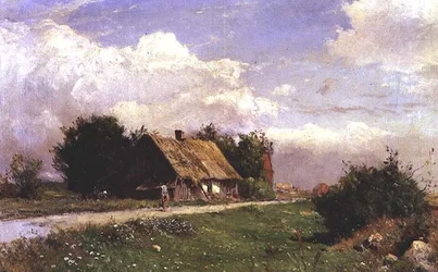 A wooded landscape with figures by a cottage