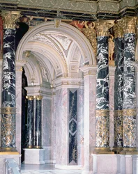 Interior of the Kunsthistorisches Museum in Vienna, detail depicting archway and the spandrel decoration of figures depicting the Italian Renaissance, 1890-91