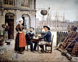 2 men (a sailor and a Breton fisherman) in a bar chatting with a Breton waitress, Saint-Malo