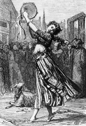 Esmeralda with her goat Djali, illustration for Hunchback of Notre-Dame, novel by Victor Hugo, engraving after drawing by Gustave Brion, published by Hetzel, Paris