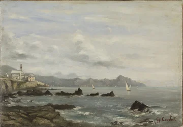 View of the Church of Boccadasse in Genoa and the promontory of Portofino