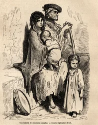 A family of nomadic dancers resting in the streets of Seville. Sketch taken on the live by Gustave Dore. Engraving to illustrate the voyage in Spain, in 1862 by Charles Davillier and Gustave Dore, in Le tour du monde, nouveau journal des voyages