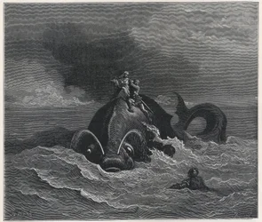 Alcina and Renaud carrying Astolfo on the back of a whale (Orlando Furioso) by Ludovico Ariosto (engraving)