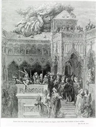All their lives were employed not by laws, statutes or rules, but according to their will and frank will, after Gargantua (1534) by François Rabelais. Engraved by Gustave Dore