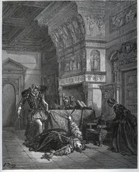 Camille feigns suicide in front of Lothaire and Leonella - from “Don Quixote de la Mancha” by Miguel Cervantes (1547-1616) (“Don Quixote”) - woodcut after a drawing by Gustave Doré