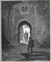 Captive Story. First Encounter of the Captive with Zoraide in the Garden of the Father, Who Brings Her Back After His Malaise Feint - from "Don Quixote de la Mancha" by Miguel Cervantes