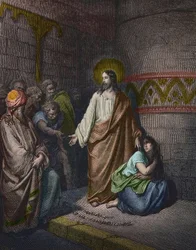 Christ and the Adulterous Woman, Illustration by Gustave Doré (1832-1883) - Jesus and the Woman Taken in Adultery - Engraving by Gustave Doré - Later Colouring