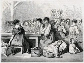 Cigarreras of Seville. Manufacture of cigars, workers, tobacco. Drawing by Gustave Dore illustrating the Voyage en Espagne by Charles Davillier
