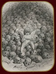 “Cupid Armed with a Pistol Sitting on a Mountain of Skulls” - ink drawing by Gustave Doré (1832-1883), private collection