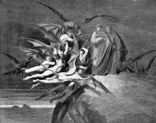 Dante and Virgil Beset by Demons on Their Passage Through the Eighth Circle. Illustration by Gustave Dore for Dante Inferno, Canto XXI. Wood Engraving