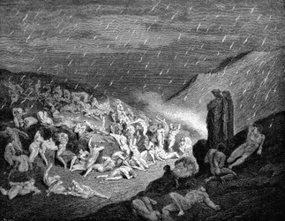 Dante and Virgil looking down upon souls in torment in the inferno