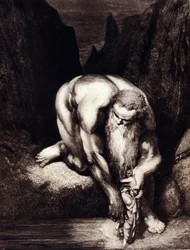 Dante and Virgil meet the giant Anteas (Illustration for the Divine Comedy by Dante Alighieri by Gustave Doré)
