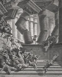Death of Samson, Judges 26:28-30, illustration from Dore