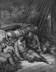 Debate between the two fellow spirits of the Spirit of the South Pole over whether the mariner has paid enough penalty for his murder of the Albatross, scene from 