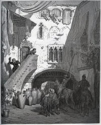 Don Quixote and Sancho Panza, invited by Don Diego de Miranda at home, are welcomed by the gentleman