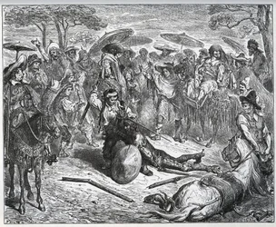 Don Quixote Beaten in the Middle of a Group of Merchants - The Mule Maker Had Taken a Taste of the Game - from "Don Quixote de la Mancha" by Miguel Cervantes