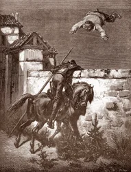 Don Quixote Fails to Stop the Launchers of Sancho Panza, Engraving by Gustave Dore for 
