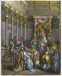 Esther faints before the first king of Persia, Ahasuerus - Queen Esther faints before King Ahasuerus - engraving in “The Illustrated Bible” by Gustave Doré (1832-1883) - engraving from “The Doré Bible”