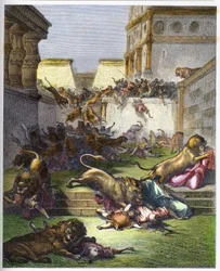 Foreigners devoured by lions in Samaria - Old Testament. People devoured by lions in Samaria - engraving in The Bible illustree by Gustave Dore - Engraving from The Dore Bible