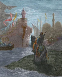 Fourth Crusade - Alexis V Doukas Murzuphle (1140-1204) negotiating with Doge Enrico Dandolo (1107-1205), in 1204. engraving by Gustave Dore (1832-1883) from History of the Crusades