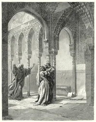 Don Quixote: "Her father came hastily to us, and, seeing his daughter in this condition, asked her what was the matter" (engraving)