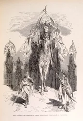 Illustration of an oriental camel train with servants and carriage